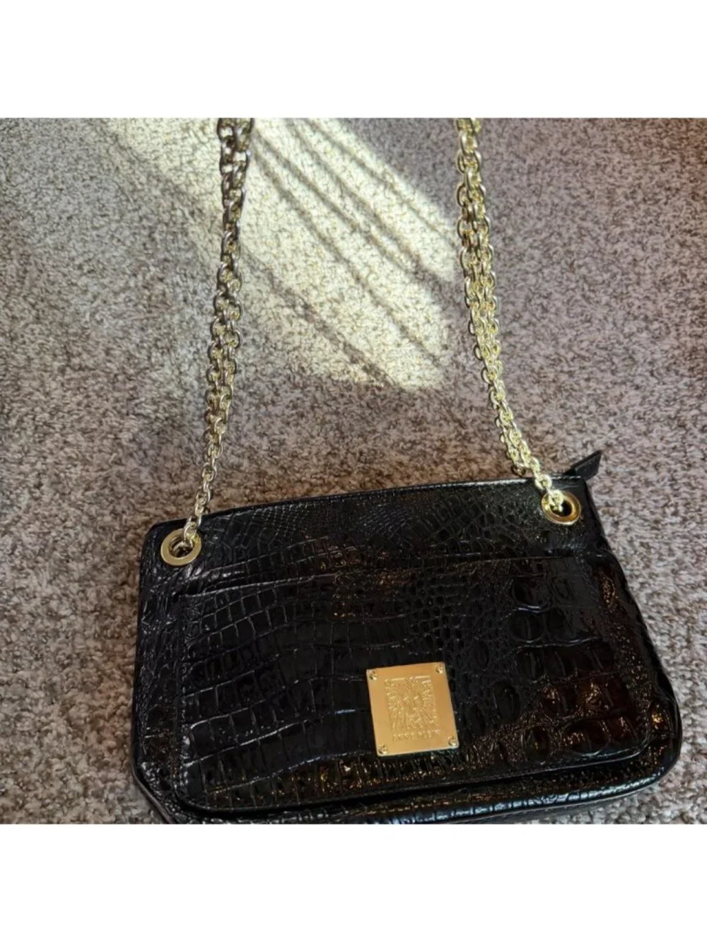 Anne Klein Black crocodile print shoulder bag Y2K with gold chain strap